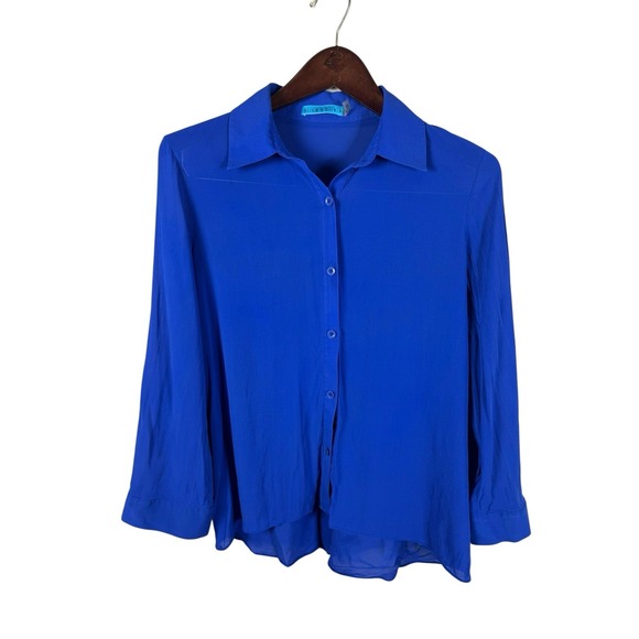 Alice + Olivia Royal Blue Silk Button Front Long Tab Sleeve Blouse Medium - Picture 1 of 6